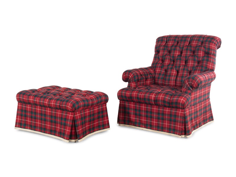 A Button-Tufted Tartan-Upholstered Easy Chair and Ottoman (1 of 2)