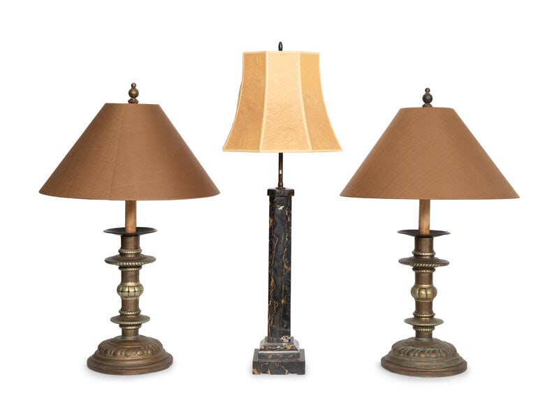 A Pair of Copper Prickets Mounted as Lamps and Associated Black Marble Lamp (1 of 2)