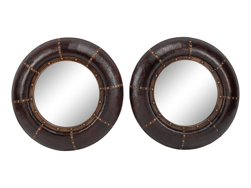 A Pair of Portuguese Style Embossed Leather Circular Mirrors (1 of 2)