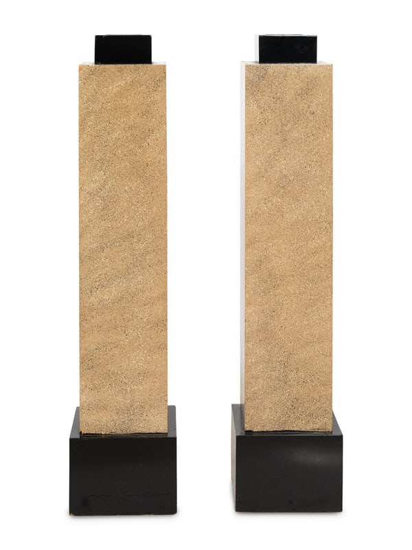 A Pair of Art Deco Style Faux-Porphyry Pedestals: A Pair of Art Deco Style Faux-Porphyry Pedestals 20th Century Height 49 1/2 x width of base 11 x depth 11 inches. This lot is located in Palm Beach. Condit
