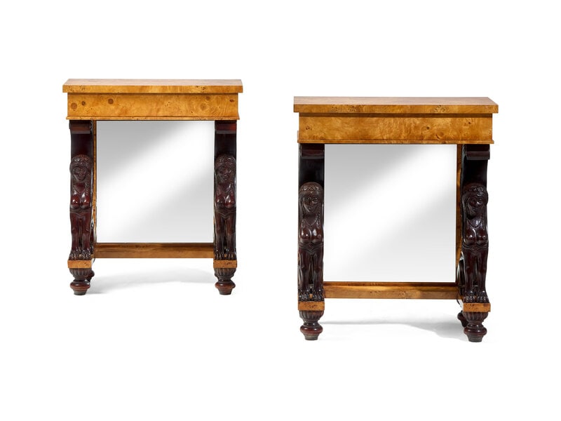 A Pair of Directoire Style Burlwood Console Tables: A Pair of Directoire Style Burlwood Console Tables By Baker Furniture, 20th Century With sphinx-form supports. Height 29 x width 24 1/2 x depth 11 3/4 inches. This lot is lo