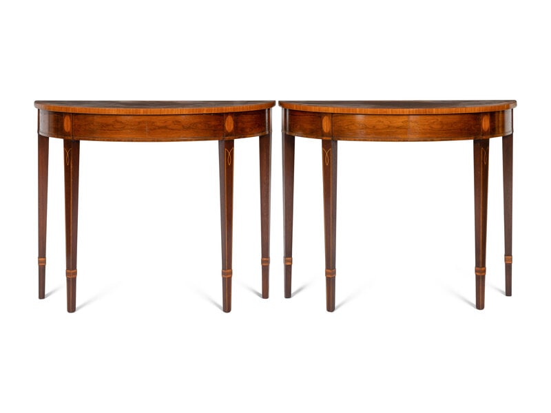 A Pair of Georgian Style Inlaid Demilune Console Tables : A Pair of Georgian Style Inlaid Demilune Console Tables 20th Century Height 29 x width 35 3/4 x depth 14 1/2 inches. This lot is located in Palm Beach.
