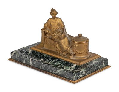 An Austrian Gilt Bronze and Marble Figural Inkwell: An Austrian Gilt Bronze and Marble Figural Inkwell George Joseph Burgstaller, cast by Franz Wiess &amp; Sohne, Wien, 19th Century signed Burgstaller and bearing a foundry mark on the back.