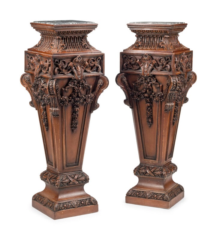 A Pair of Italian Baroque Style Carved Wood Marble-Top Pedestals (1 of 3)