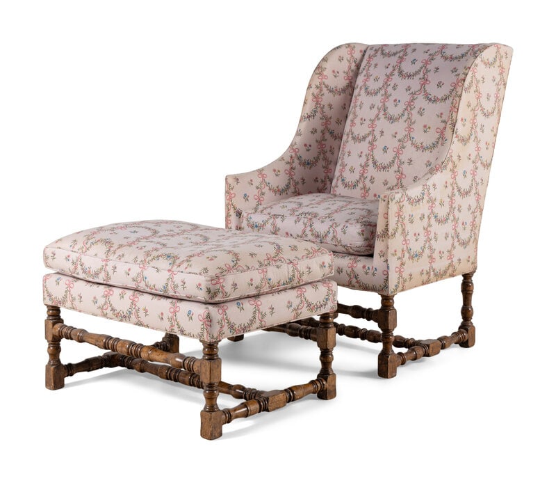 A Louis XIII Style Carved Armchair and Ottoman: A Louis XIII Style Carved Armchair and Ottoman 19th/20th Century Height of armchair 46 x width 31 x depth 25 inches; height of ottoman 19 x width 32 x depth 22 inches. Property f