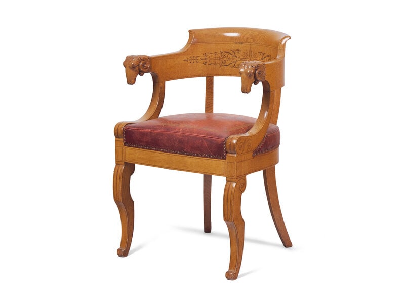 A Charles X Amaranth-Inlaid Golden Oak and Rams' Head Fauteuil (1 of 2)