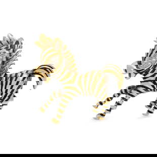 ENAMEL AND DIAMOND ZEBRA BROOCH: ENAMEL AND DIAMOND ZEBRA BROOCH Black enamel and single cut diamonds. 14 karat yellow gold. 1 1/4 x 1 1/4 inches. Engraved: 14K. Gross weight: 7.40 dwt.