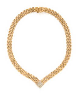 DIAMOND AND GOLD BRICK LINK NECKLACE: DIAMOND AND GOLD BRICK LINK NECKLACE Round diamonds weighing approximately 0.85 carat total. 14 karat yellow and white gold. 16 3/4 inches long. Stamp: 585 ITALY (maker's mark). Gross weight: 22.45