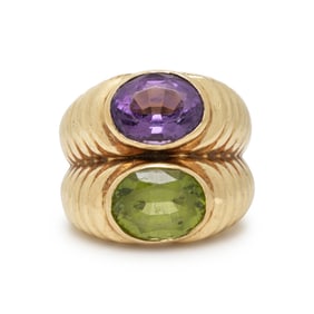 AMETHYST, PERIDOT, AND YELLOW GOLD RING