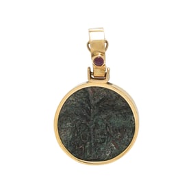 YELLOW GOLD, COIN, AND RUBY PENDANT