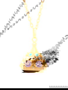 FRENCH, AMETHYST, TURQUOISE, AND SEED PEARL FOB NECKLACE: FRENCH, AMETHYST, TURQUOISE, AND SEED PEARL FOB NECKLACE Round cabochon turquoise, seed pearls, round cabochon amethyst, and an oval amethyst measuring approximately 15.60 x 11.00 mm. 18 karat yellow