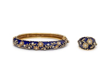 BLUE ENAMEL, DIAMOND, AND YELLOW GOLD BANGLE BRACELET AND RING
