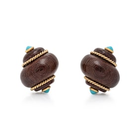 CARVED WOOD, TURQUOISE, AND YELLOW GOLD SHELL FORM EARRINGS