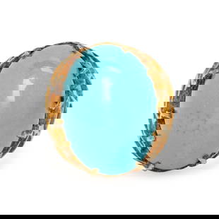 YELLOW GOLD AND TURQUOISE RING: YELLOW GOLD AND TURQUOISE RING Oval cabochon turquoise measuring approximately 22.90 x 16.90 x 15.00 mm. Yellow gold. Ring size 10 1/2. Gross weight: 14.90 dwt. Jewelry from the Private Collection of