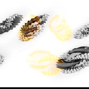 TIGER'S EYE, DIAMOND, AND YELLOW GOLD EARRINGS AND BROOCH: TIGER'S EYE, DIAMOND, AND YELLOW GOLD EARRINGS AND BROOCH Round diamonds and carved tiger's eye. 18 karat yellow and white gold. Brooch: 2 x 1 1/8 inches. Earrings: 1 1/2 inches long. Stamp: 750