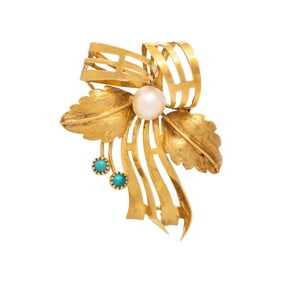 YELLOW GOLD, CULTURED PEARL, AND TURQUOISE BROOCH