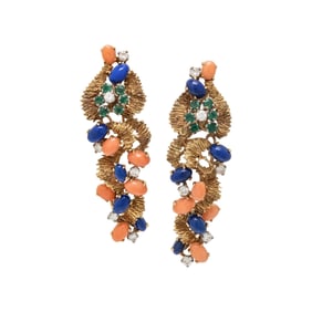 CORAL, LAPIS LAZULI, EMERALD, AND DIAMOND EARRINGS