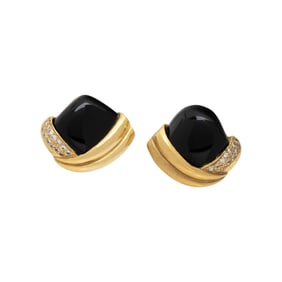 MARLENE STOWE, ONYX, DIAMOND, AND YELLOW GOLD EARRINGS