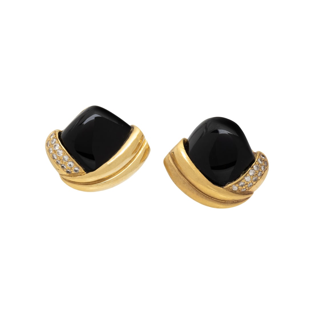 MARLENE STOWE, ONYX, DIAMOND, AND YELLOW GOLD EARRINGS: MARLENE STOWE, ONYX, DIAMOND, AND YELLOW GOLD EARRINGS Carved black onyx and round diamonds. 18 karat yellow gold. 15/16 inch long. Stamp: M. Stowe 18K. Gross weight: 14.50 dwt.