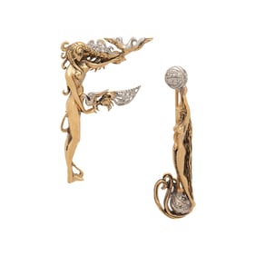 ERTÉ, TWO GOLD AND DIAMOND LETTER PINS