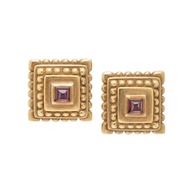 VAHE NALTCHAYAN, YELLOW GOLD AND RHODOLITE GARNET EARRINGS