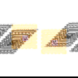 VAHE NALTCHAYAN, YELLOW GOLD AND RHODOLITE GARNET EARRINGS: VAHE NALTCHAYAN, YELLOW GOLD AND RHODOLITE GARNET EARRINGS Pyramidal rhodolite garnet measuring approximately 5.00 mm. 18 karat yellow gold. 13/16 inch long. Stamp: 1994 USA 18KT (T-M) VAHE NALTCHAYAN