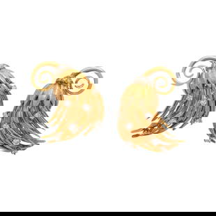 YELLOW GOLD AND DIAMOND EARRINGS: YELLOW GOLD AND DIAMOND EARRINGS Round and single cut diamonds. Yellow gold. 1 1/8 inches long. Stamp: Bettina 18K. Gross weight: 9.60 dwt.