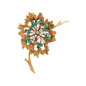 FRENCH, EMERALD AND DIAMOND FLOWER BROOCH