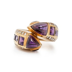 AMETHYST, DIAMOND, AND YELLOW GOLD RING