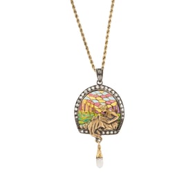 YELLOW GOLD, DIAMOND, CULTURED PEARL, AND PLIQUE- À-JOUR ENAMEL PENDANT NECKLACE