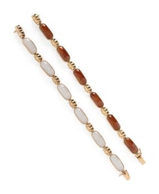 TWO YELLOW GOLD AND JADE BRACELETS