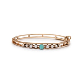 YELLOW GOLD, CULTURED PEARL, AND TURQUOISE BANGLE BRACELET