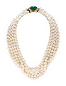 CULTURED PEARL, EMERALD, AND DIAMOND NECKLACE