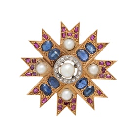 CULTURED PEARL, SAPPHIRE, AND RUBY BROOCH