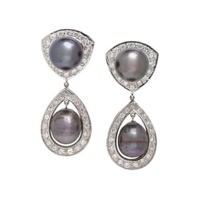 CULTURED GRAY PEARL AND DIAMOND EARRINGS