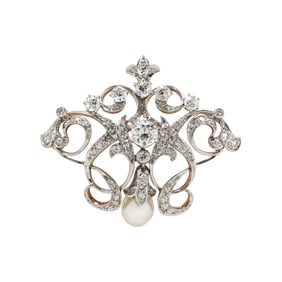 ANTIQUE, DIAMOND AND CULTURED PEARL BROOCH PENDANT
