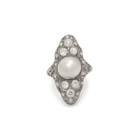 ANTIQUE, PLATINUM, PEARL, AND DIAMOND RING