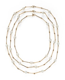 THREE NESTING CULTURED PEARL AND YELLOW GOLD STATION NECKLACES