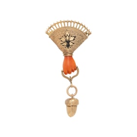 ANTIQUE, CORAL HAND, ENAMEL, AND GOLD BROOCH