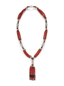 CORAL, BLACK ONYX, ROCK CRYSTAL QUARTZ, AND YELLOW GOLD TASSEL NECKLACE