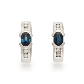 SAPPHIRE, DIAMOND, AND WHITE GOLD HOOP EARRINGS