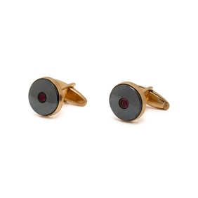 YELLOW GOLD, HEMATITE, AND RUBY CUFFLINKS