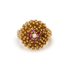 YELLOW GOLD, RUBY, AND DIAMOND RING