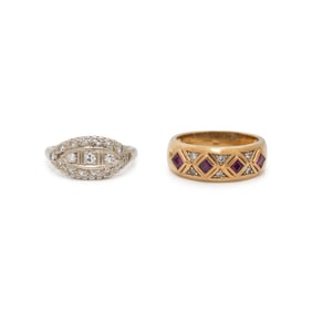 TWO GOLD AND DIAMOND RINGS