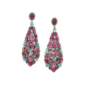 RUBELLITE TOURMALINE, EMERALD, AND DIAMOND EARRINGS