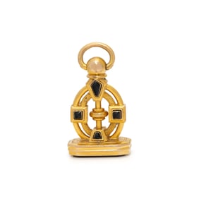 YELLOW GOLD, BLOODSTONE, AND ENAMEL FOB