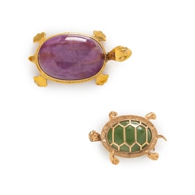 TWO GOLD AND GEMSTONE TURTLE BROOCHES