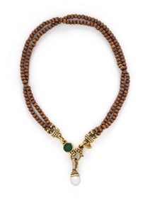WOOD BEAD, CULTURED, PEARL, AND YELLOW GOLD NECKLACE