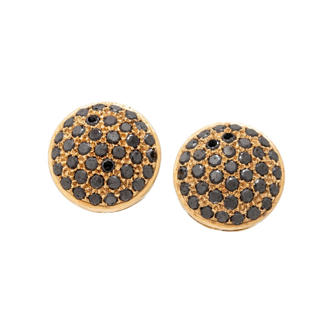 YELLOW GOLD AND BLACK DIAMOND EARRINGS: YELLOW GOLD AND BLACK DIAMOND EARRINGS Round black diamonds (origin of color not tested). 18 karat yellow gold. 1/2 inch long. Stamp: 18K. Gross weight: 4.45 dwt.