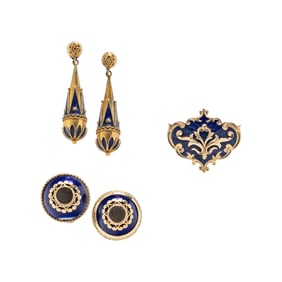 COLLECTION OF YELLOW GOLD AND BLUE ENAMEL JEWELRY